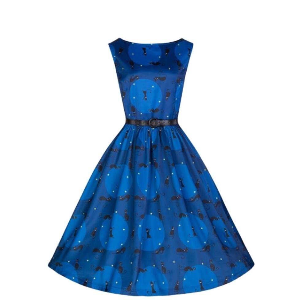Lindy Bop Blue "Audrey"  Cat Swing Dress Size 12 Vintage Inspired A-Line Dress
